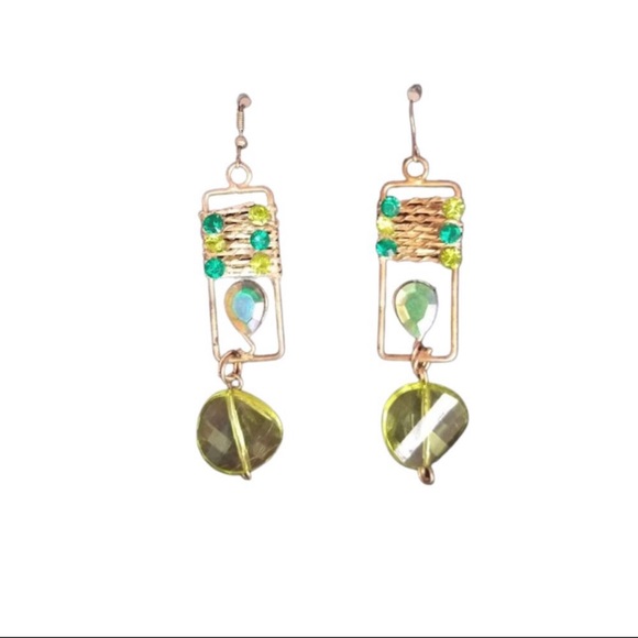 “Caged Tear” Green Abstract Geometric Teardrop Wire-Wrap Artisan Handmade Dangle - Picture 7 of 7